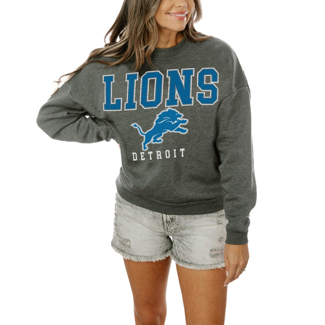 Detroit Lions Gameday Couture Women's Oversized Bring The Energy Pullover Sweatshirt – Charcoal - NFL