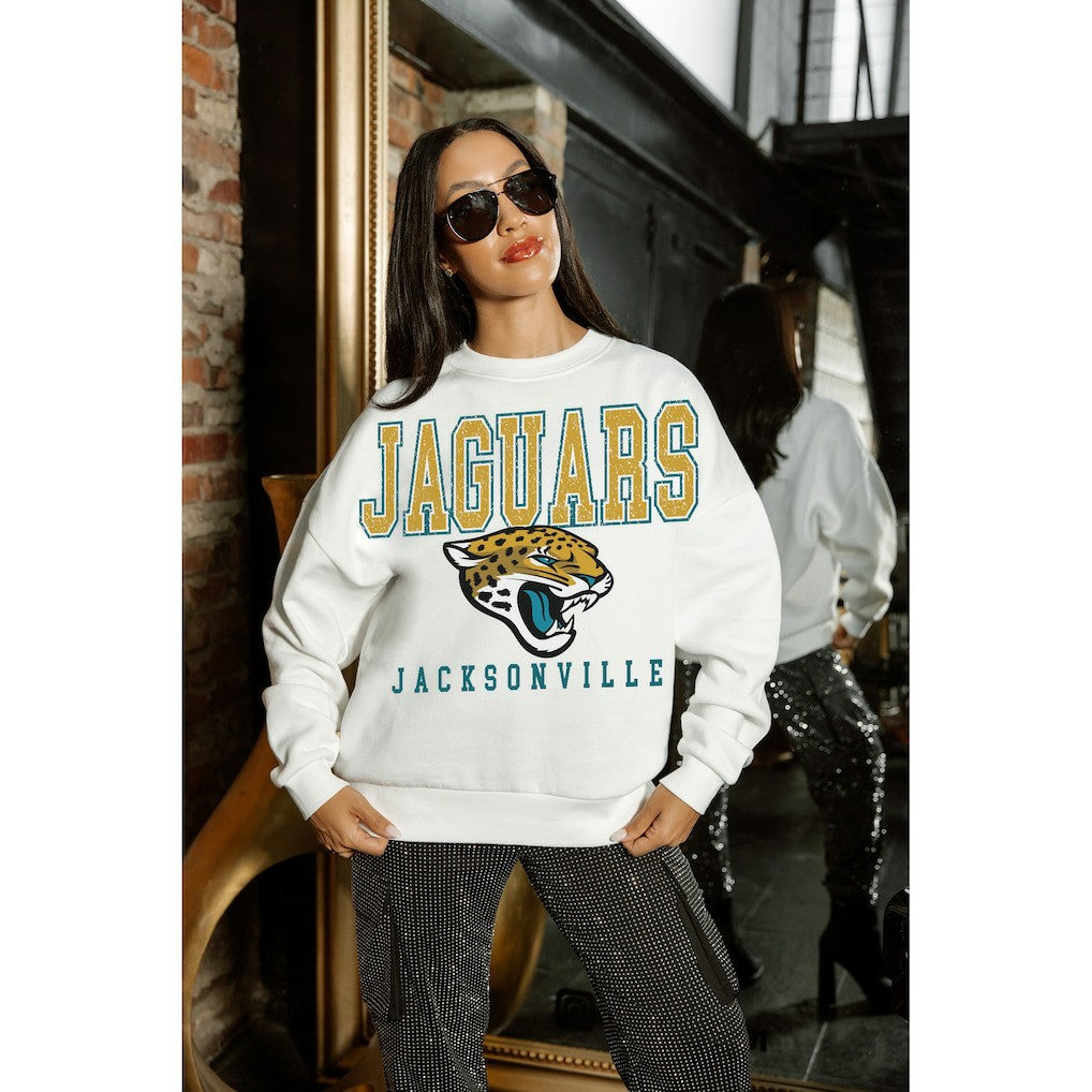 Jacksonville Jaguars Gameday Couture Women's Sunday Drives Oversized Crewneck Pullover Sweatshirt – White - NFL