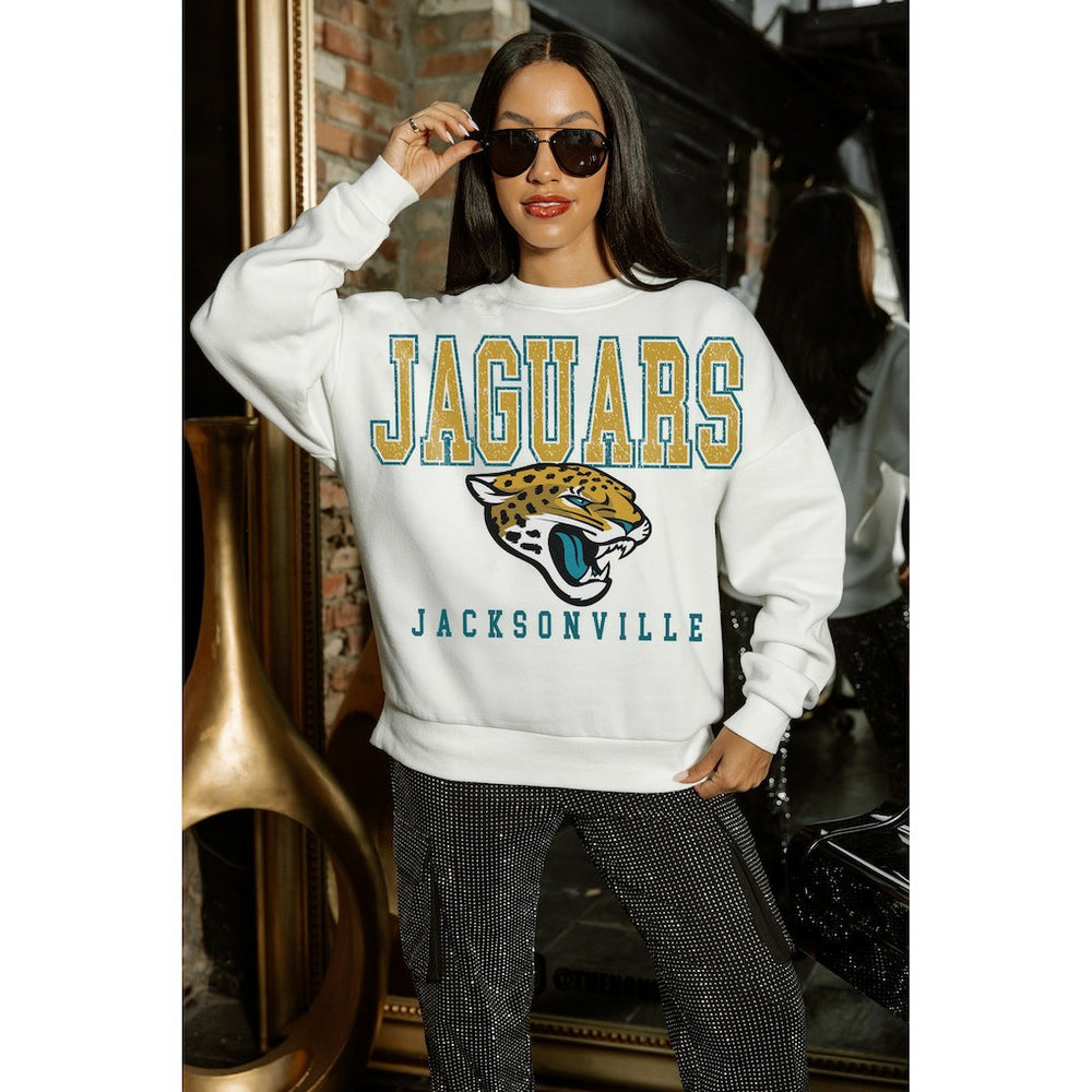 Jacksonville Jaguars Gameday Couture Women's Sunday Drives Oversized Crewneck Pullover Sweatshirt – White - NFL