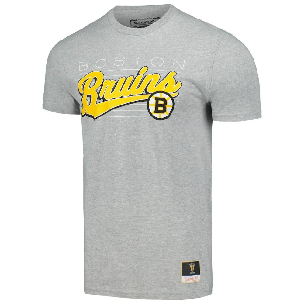 Boston Bruins Mitchell & Ness 100th Anniversary Script Sweep T-Shirt - Heather Gray | NHL discount