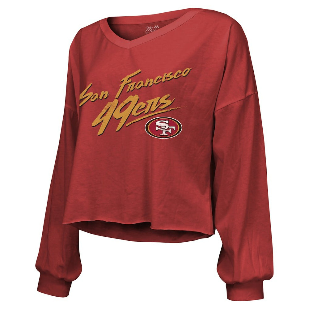 Brock Purdy San Francisco 49ers Majestic Threads Women's Name & Number Off-Shoulder Script Cropped Long Sleeve Relaxed V-Neck T-Shirt - Scarlet - NFL