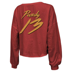 Brock Purdy San Francisco 49ers Majestic Threads Women's Name & Number Off-Shoulder Script Cropped Long Sleeve Relaxed V-Neck T-Shirt - Scarlet - NFL