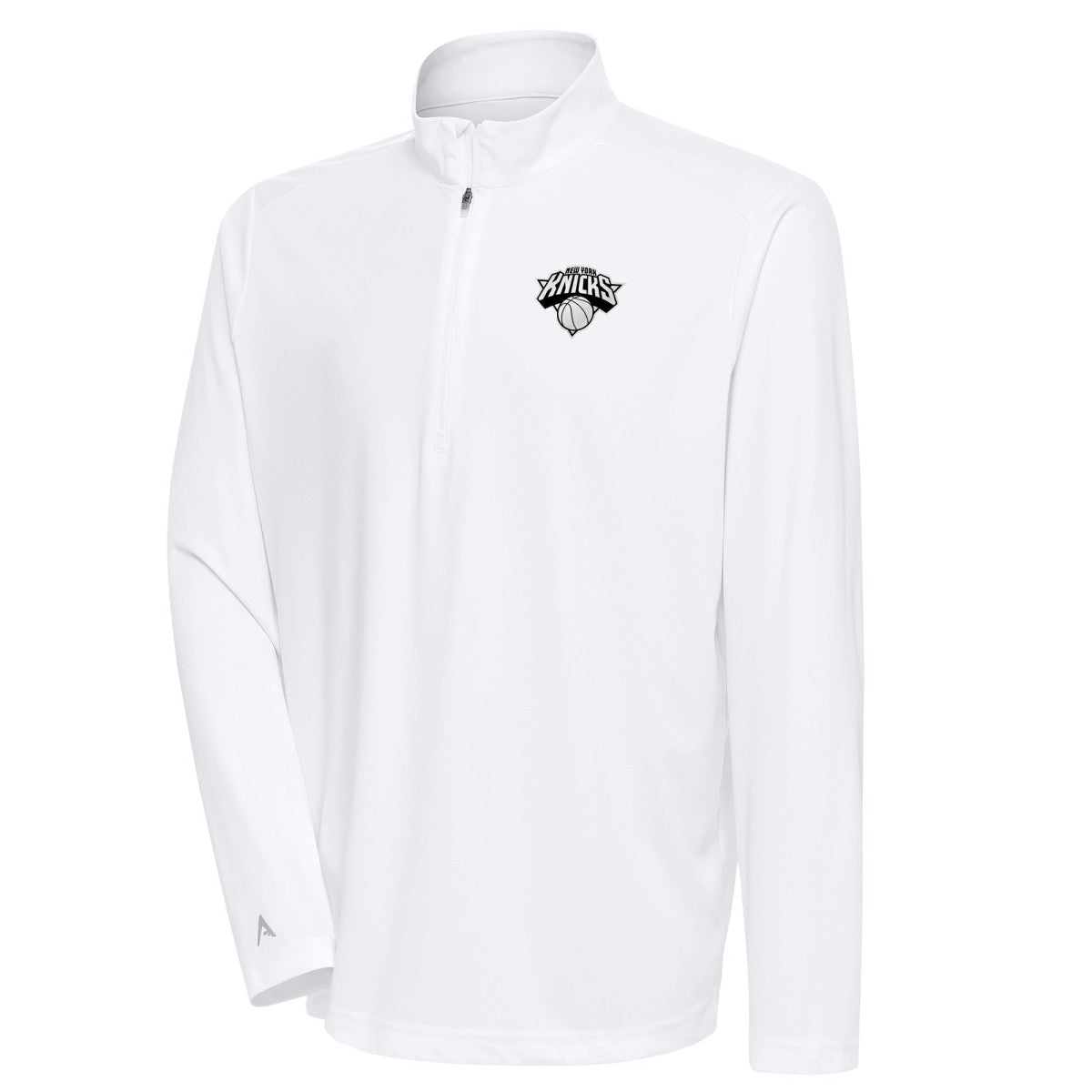 New York Knicks Antigua Metallic Logo Tribute Quarter-Zip Top White