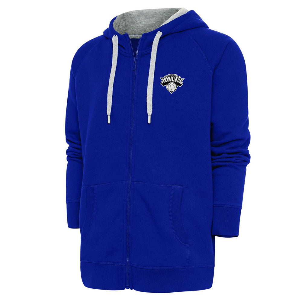 New York Knicks Antigua Metallic Logo Victory Raglan Full-Zip Hoodie Blue