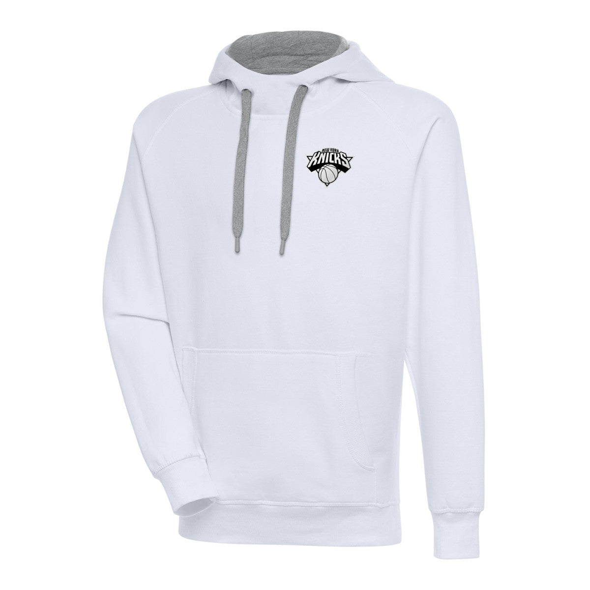 New York Knicks Antigua Metallic Logo Victory Raglan Pullover Hoodie White