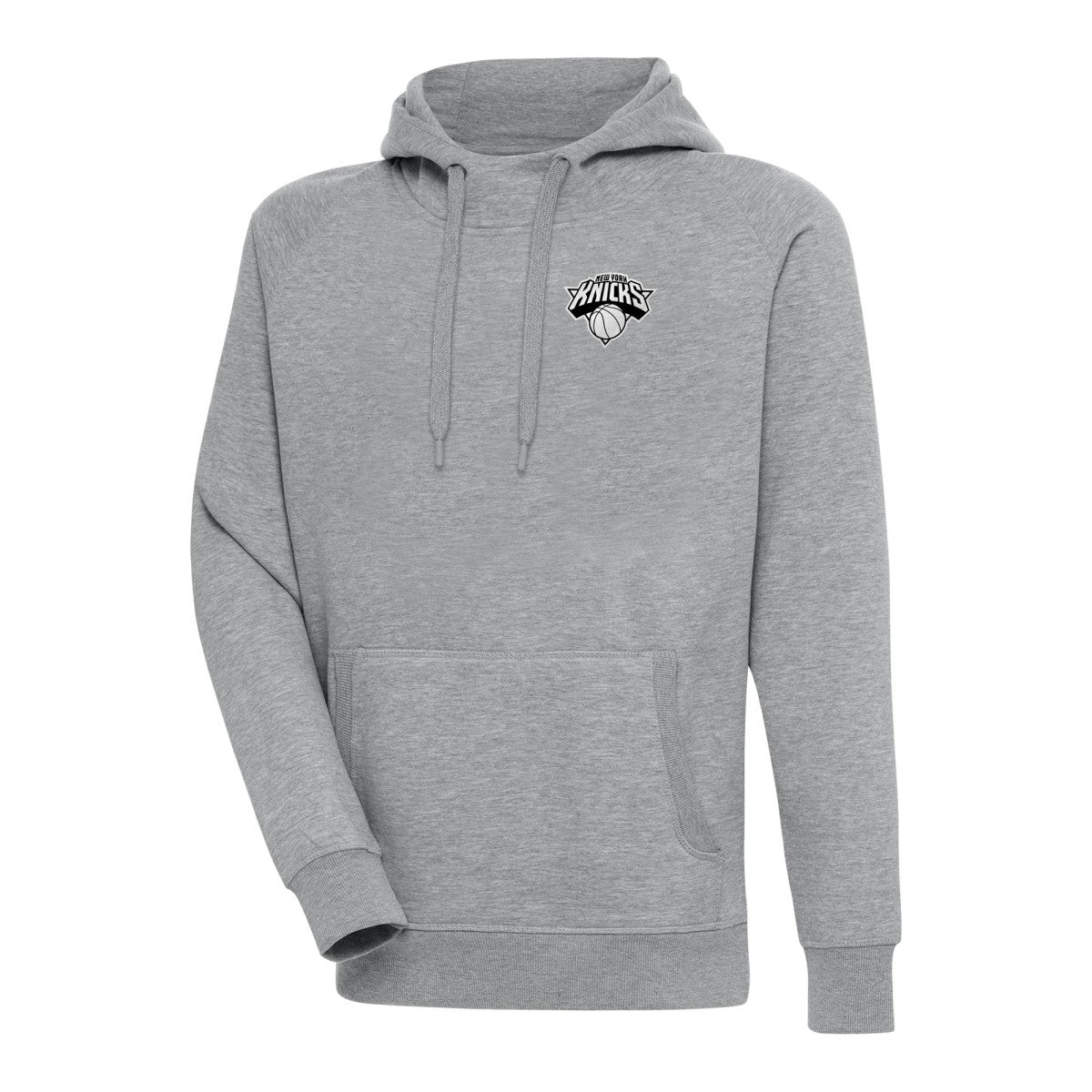 New York Knicks Antigua Metallic Logo Victory Raglan Pullover Hoodie Heather Gray