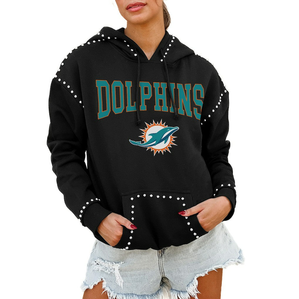 Miami Dolphins Gameday Couture Women's Oversized Catch the Vibe Studded Pullover Hoodie - Black - NFL