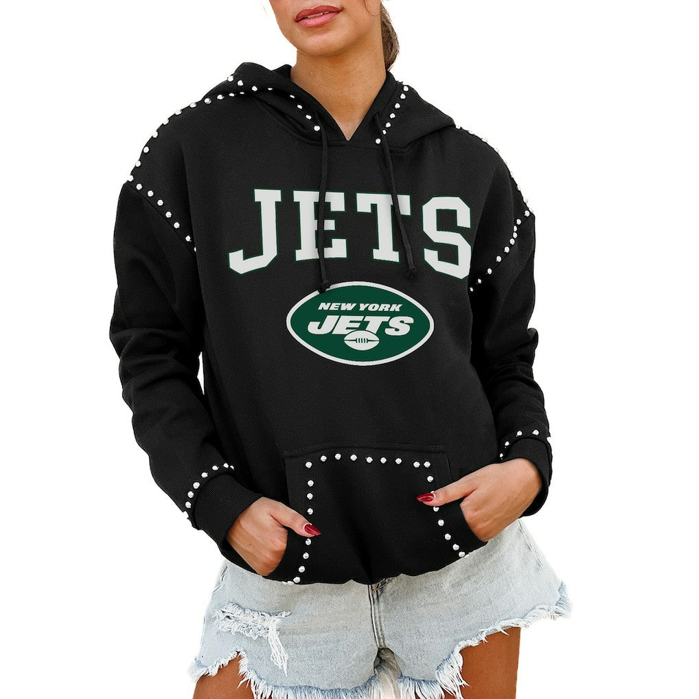 New York Jets Gameday Couture Women's Oversized Catch the Vibe Studded Pullover Hoodie - Black - NFL