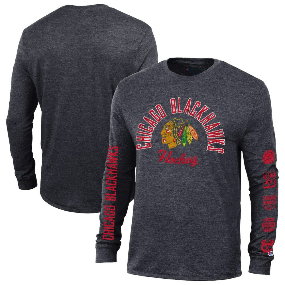 Chicago Blackhawks Champion Multi-Logo Tri-Blend Long Sleeve T-Shirt - Heather Black | NHL discount