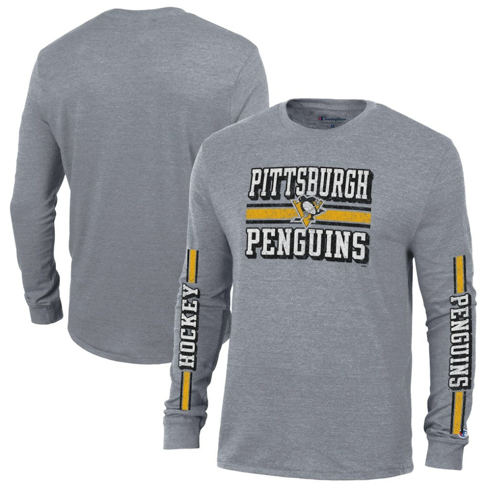 Pittsburgh Penguins Champion Tri-Blend Dual-Stripe Long Sleeve T-Shirt - Heather Gray | NHL Lifestyle