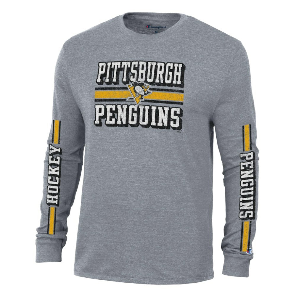 Pittsburgh Penguins Champion Tri-Blend Dual-Stripe Long Sleeve T-Shirt - Heather Gray | NHL Lifestyle