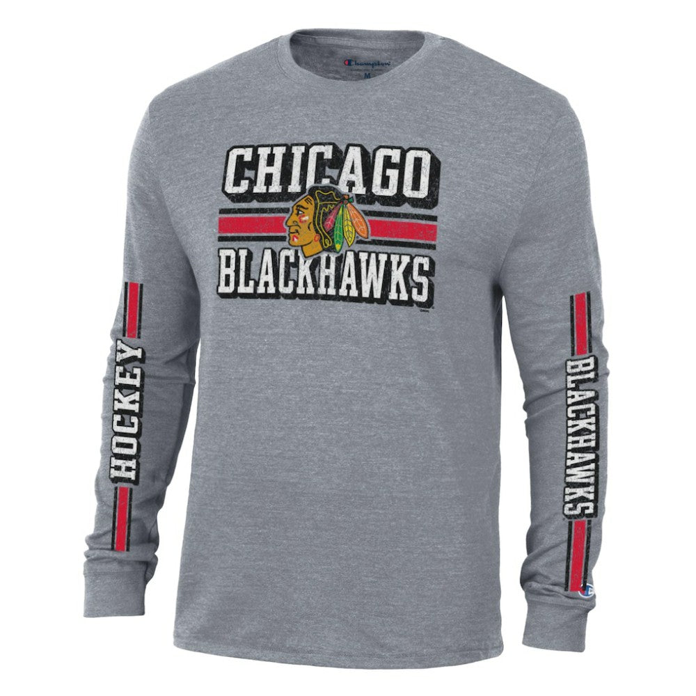 Chicago Blackhawks Champion Tri-Blend Dual-Stripe Long Sleeve T-Shirt - Heather Gray | NHL Lifestyle