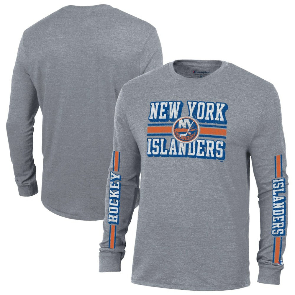 New York Islanders Champion Tri-Blend Dual-Stripe Long Sleeve T-Shirt - Heather Gray | NHL on sale