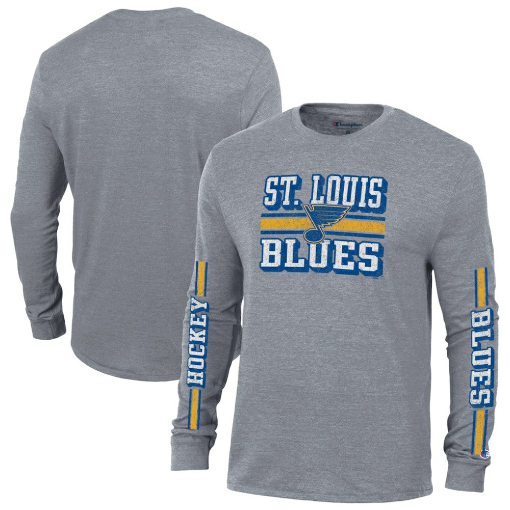St. Louis Blues Champion Tri-Blend Dual-Stripe Long Sleeve T-Shirt - Heather Gray | NHL Clearance