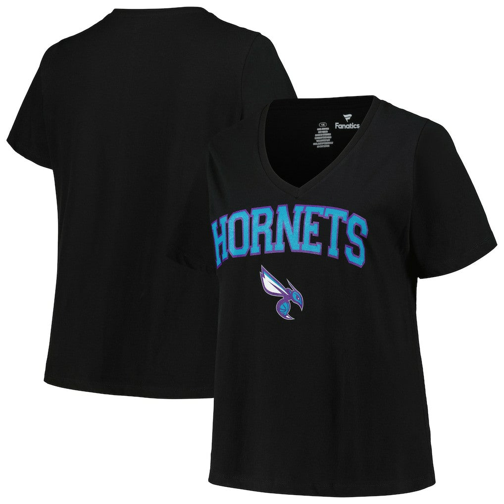 Charlotte Hornets Profile Women's Plus Size Arch Over Logo V-Neck T-Shirt Black