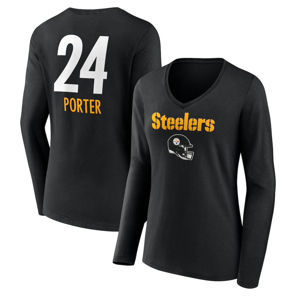 Joey Porter Jr. Pittsburgh Steelers Women's Team Wordmark Player Name & Number Long Sleeve V-Neck T-Shirt - Black - NFL
