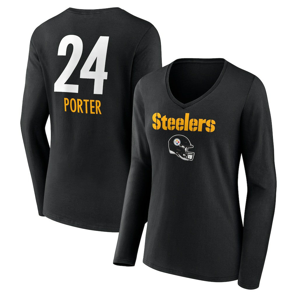 Joey Porter Jr. Pittsburgh Steelers Women's Team Wordmark Player Name & Number Long Sleeve V-Neck T-Shirt - Black - NFL