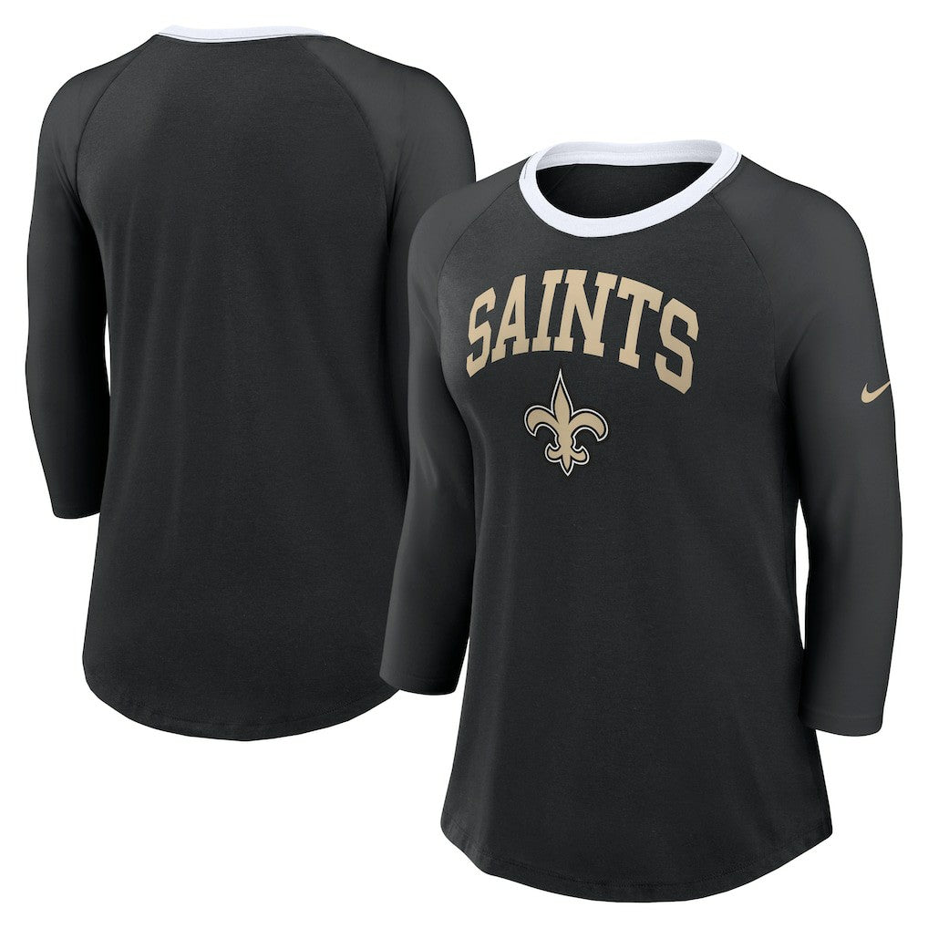 New Orleans Saints Women's 3/4 Sleeve Raglan Fashion Top - Black - Nike