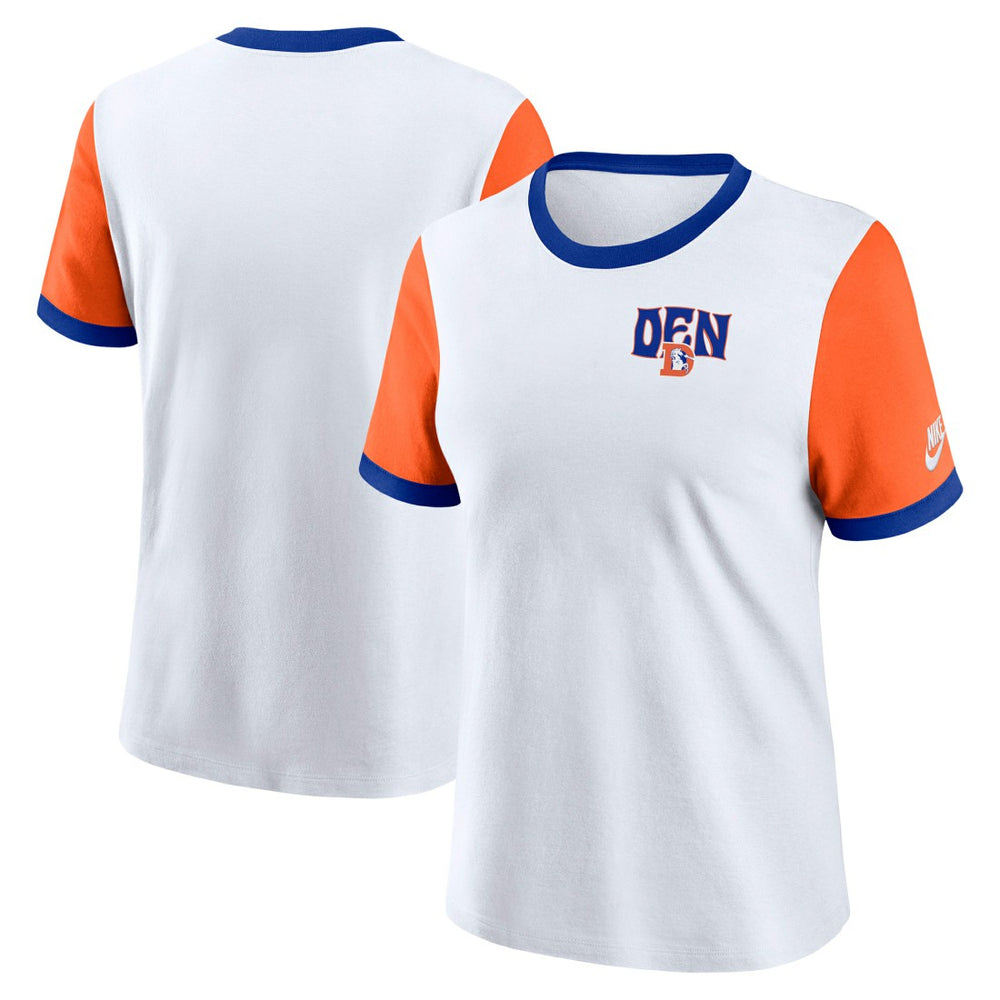 Denver Broncos Women's Rewind Ringer T-Shirt - White/Orange - Nike