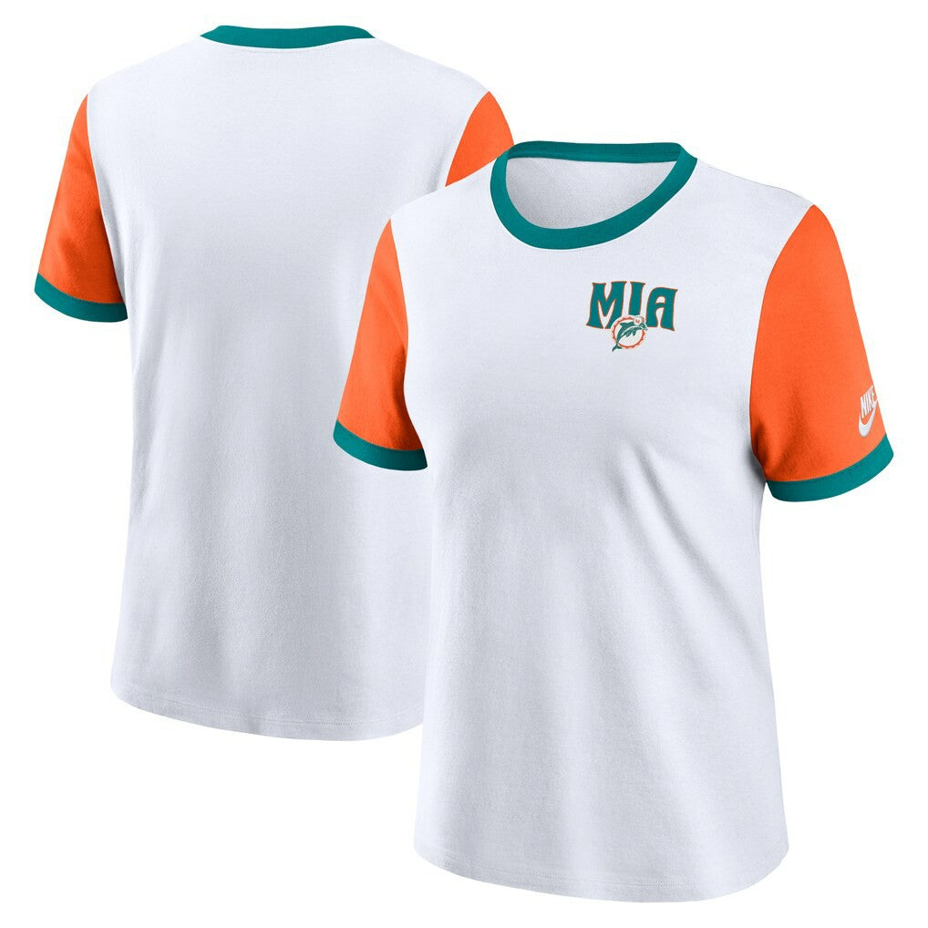 Miami Dolphins Women's Rewind Ringer T-Shirt - White/Orange - Nike