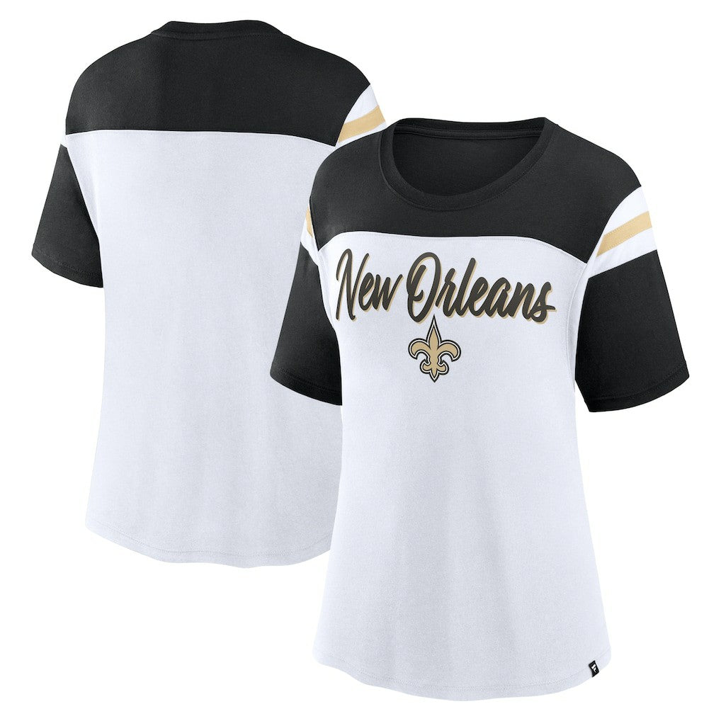 New Orleans Saints Women's Cheer Chant Fashion Crop Top - White/Black - Fanatics