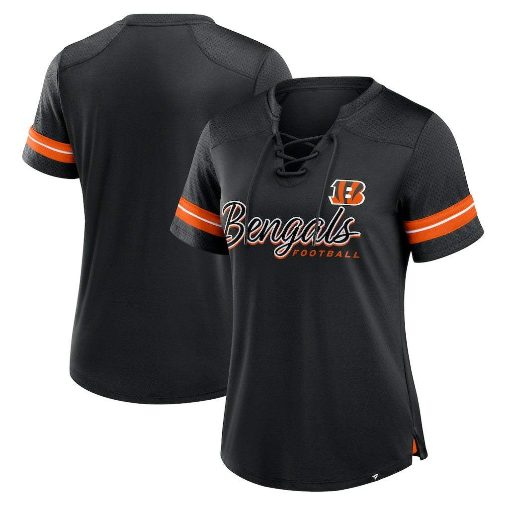 Cincinnati Bengals Women's Play Script Lace-Up T-Shirt - Black - Fanatics