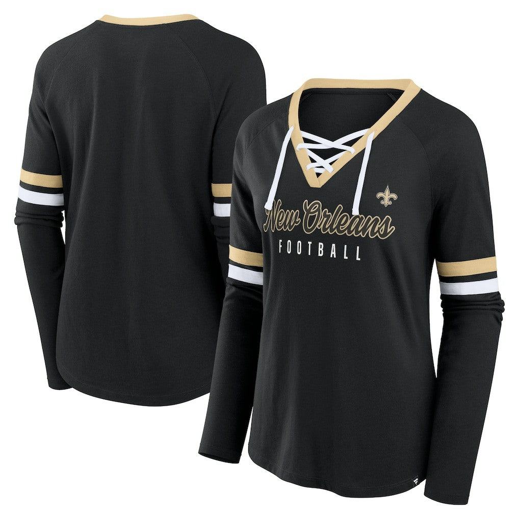 New Orleans Saints Women's Won and Done Lace-Up Long Sleeve Fashion Top - Black - Fanatics