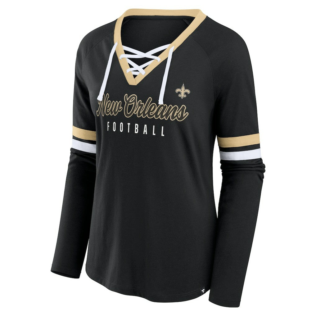 New Orleans Saints Women's Won and Done Lace-Up Long Sleeve Fashion Top - Black - Fanatics