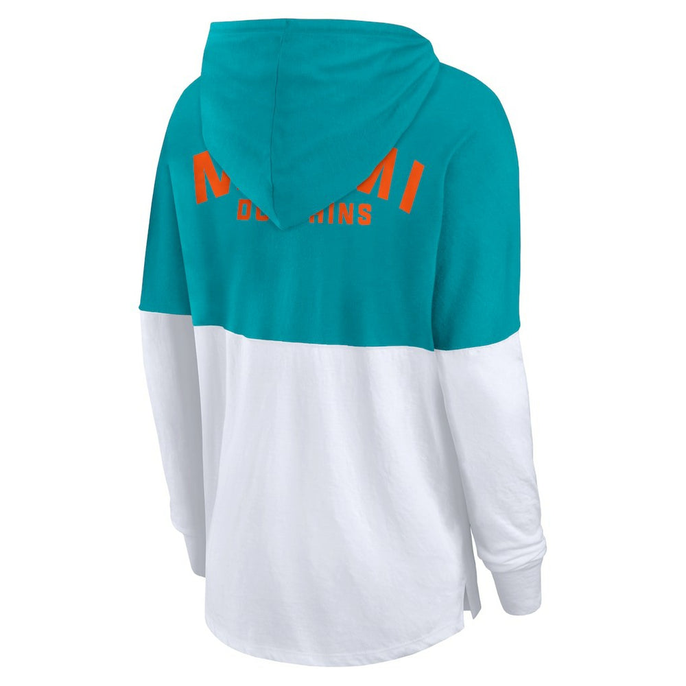 Miami Dolphins Women's Backup Option Long Sleeve Hoodie T-Shirt - Aqua/White - Fanatics