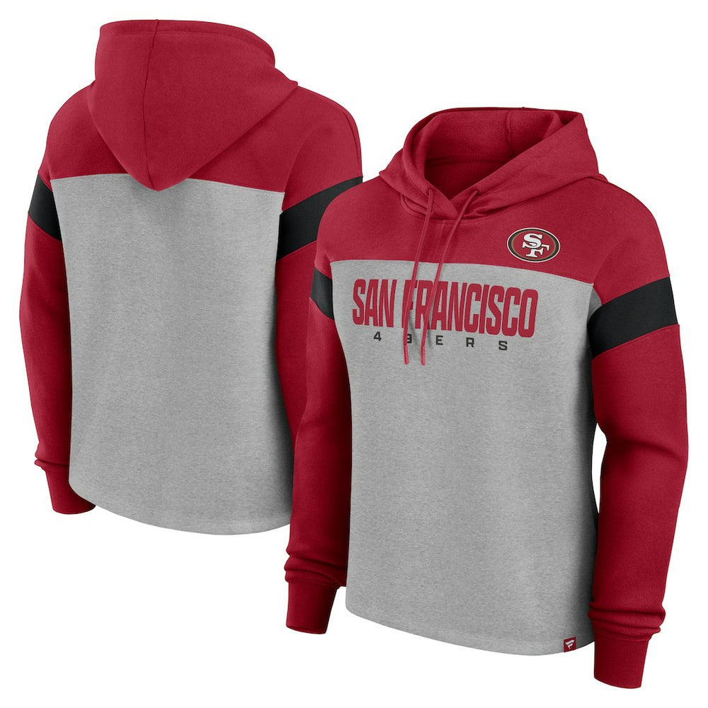 San Francisco 49ers Women's Bold Play Call Pullover Hoodie - Heather Gray/Scarlet - Fanatics