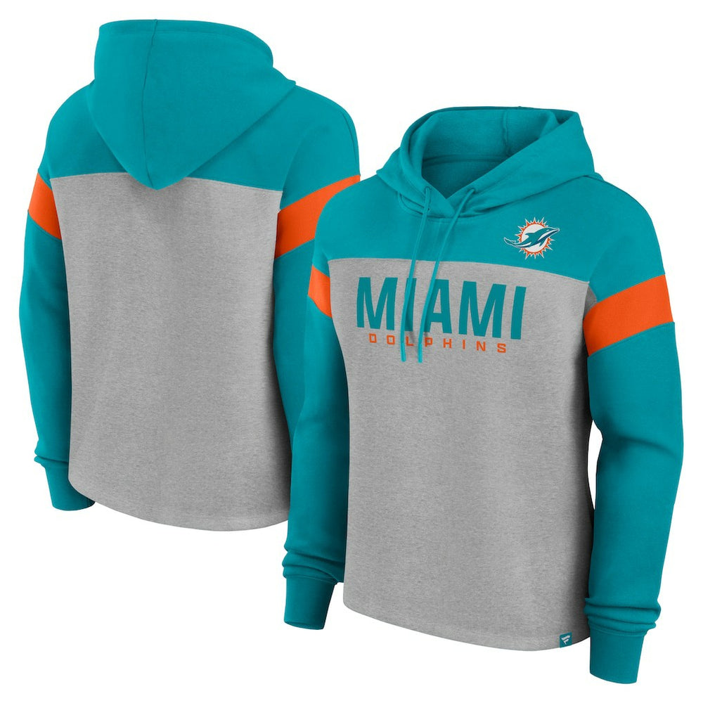 Miami Dolphins Women's Bold Play Call Pullover Hoodie - Heather Gray/Aqua - Fanatics