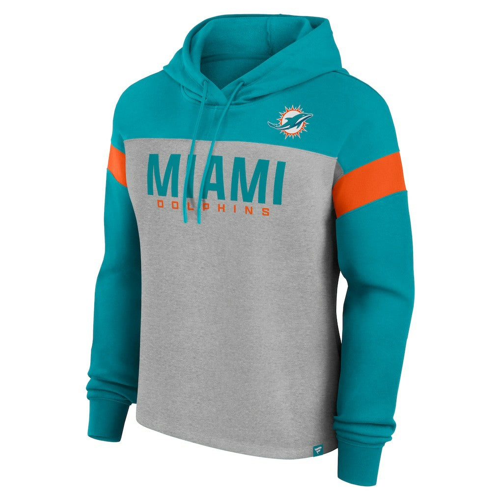 Miami Dolphins Women's Bold Play Call Pullover Hoodie - Heather Gray/Aqua - Fanatics