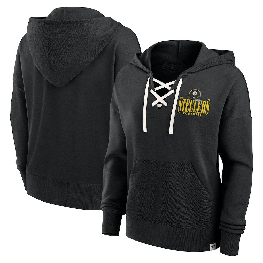 Pittsburgh Steelers Women's Blitz Left Lace-Up Pullover Hoodie - Black - Fanatics