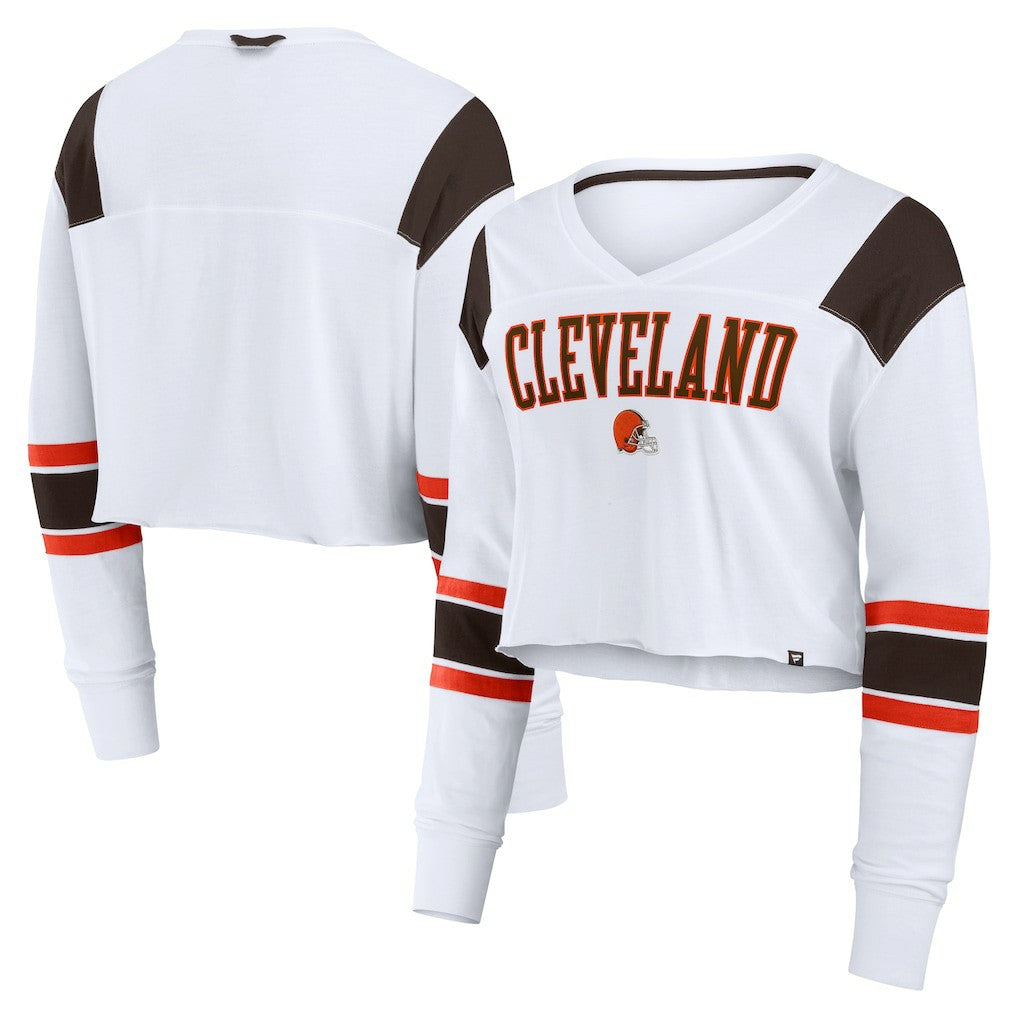 Cleveland Browns Women's Stretch Cropped Fashion Long Sleeve T-Shirt - White - Fanatics