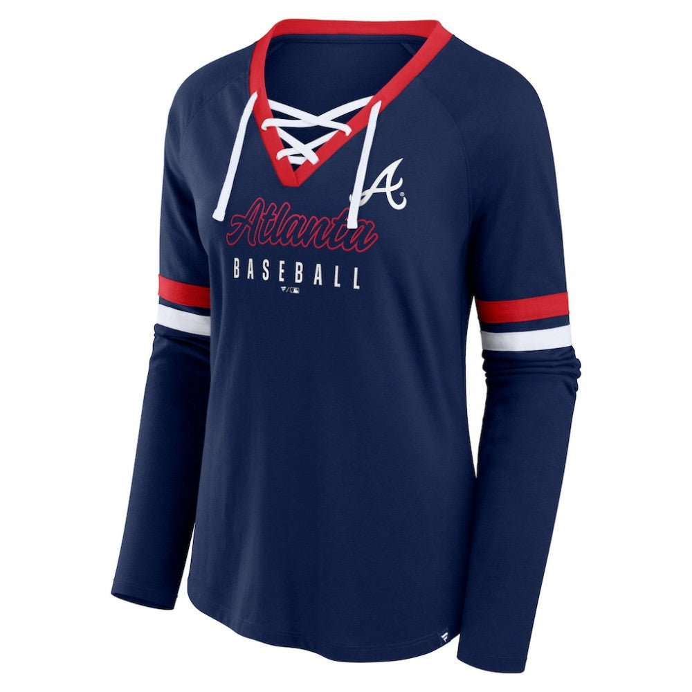 Atlanta Braves Fanatics Women's Won & Done Raglan Lace-Up Long Sleeve T-Shirt Discount