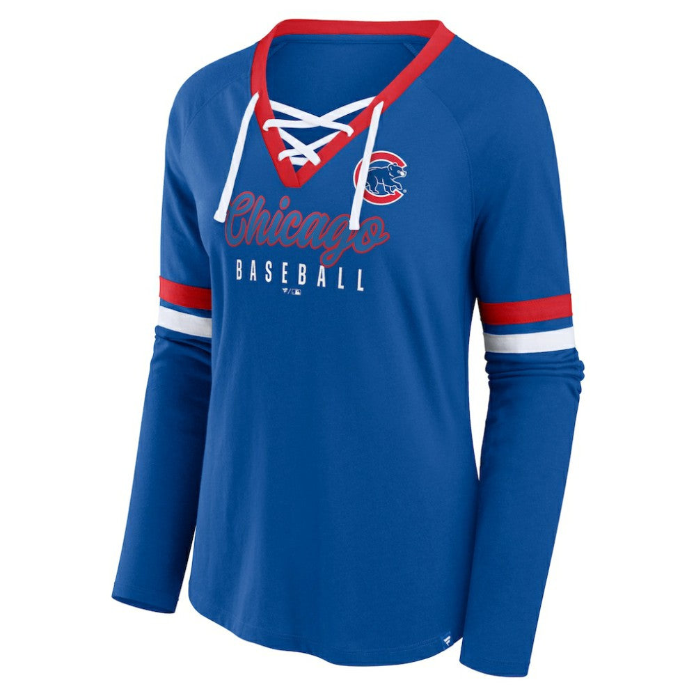 Chicago Cubs Fanatics Women's Won & Done Raglan Lace-Up Long Sleeve T-Shirt Sale