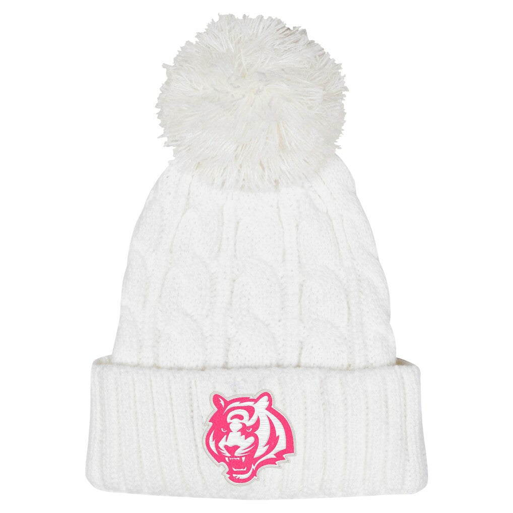 Cincinnati Bengals Girls Youth Cable Cuffed Knit Hat with Pom - White - NFL