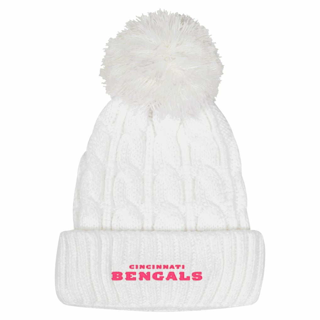 Cincinnati Bengals Girls Youth Cable Cuffed Knit Hat with Pom - White - NFL