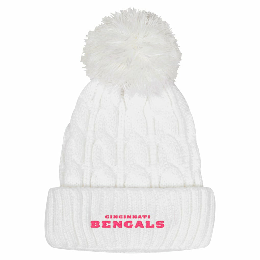 Cincinnati Bengals Girls Youth Cable Cuffed Knit Hat with Pom - White - NFL