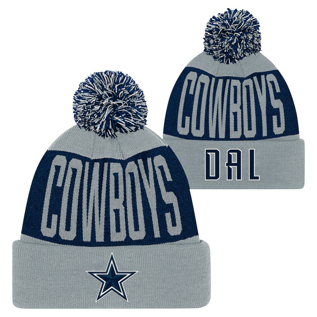 Dallas Cowboys Youth Bevel Cuffed Knit Hat with Pom - Navy/Gray - NFL