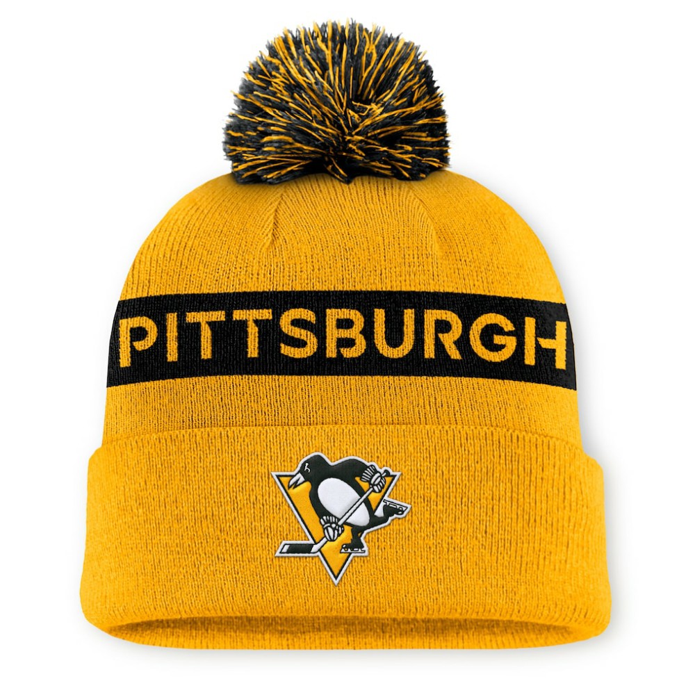 Pittsburgh Penguins Fanatics Women's Authentic Pro Rink Cuffed Knit Hat with Pom - Gold/Black | Fanatics Clearance
