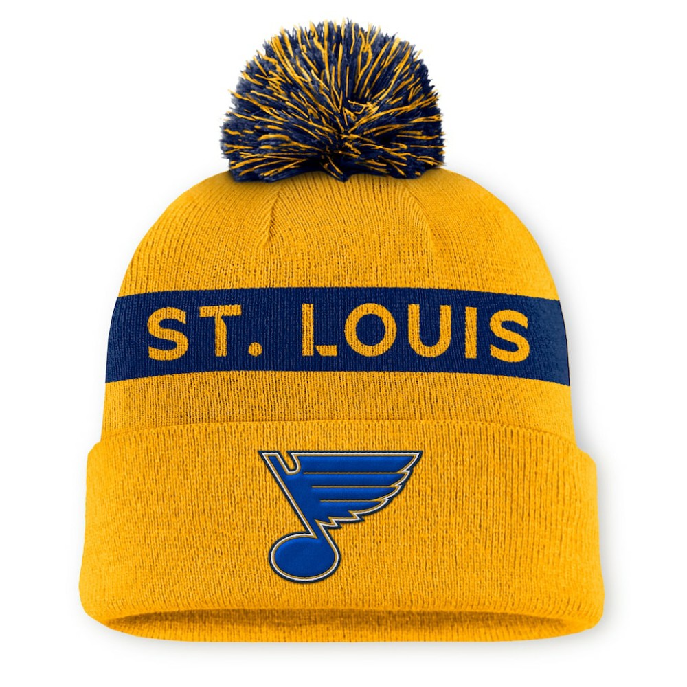 St. Louis Blues Fanatics Women's Authentic Pro Rink Cuffed Knit Hat with Pom - Gold/Navy | Fanatics sale