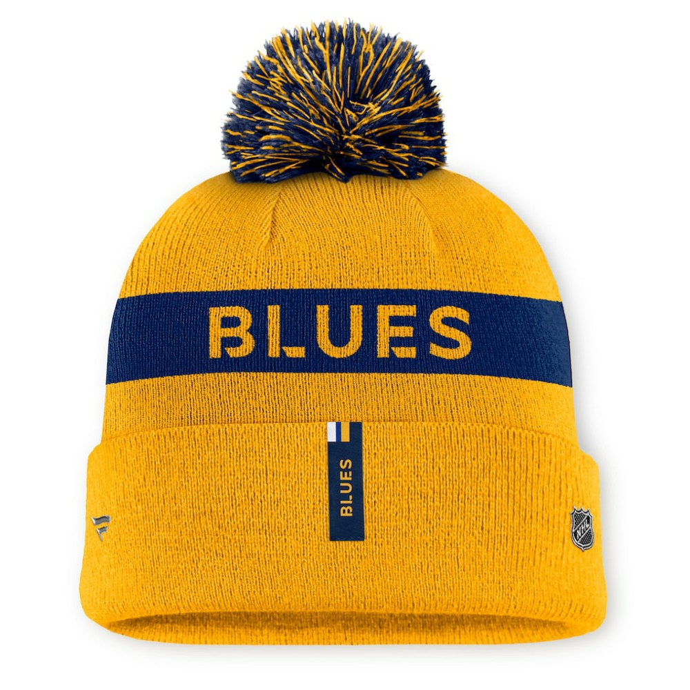 St. Louis Blues Fanatics Women's Authentic Pro Rink Cuffed Knit Hat with Pom - Gold/Navy | Fanatics sale