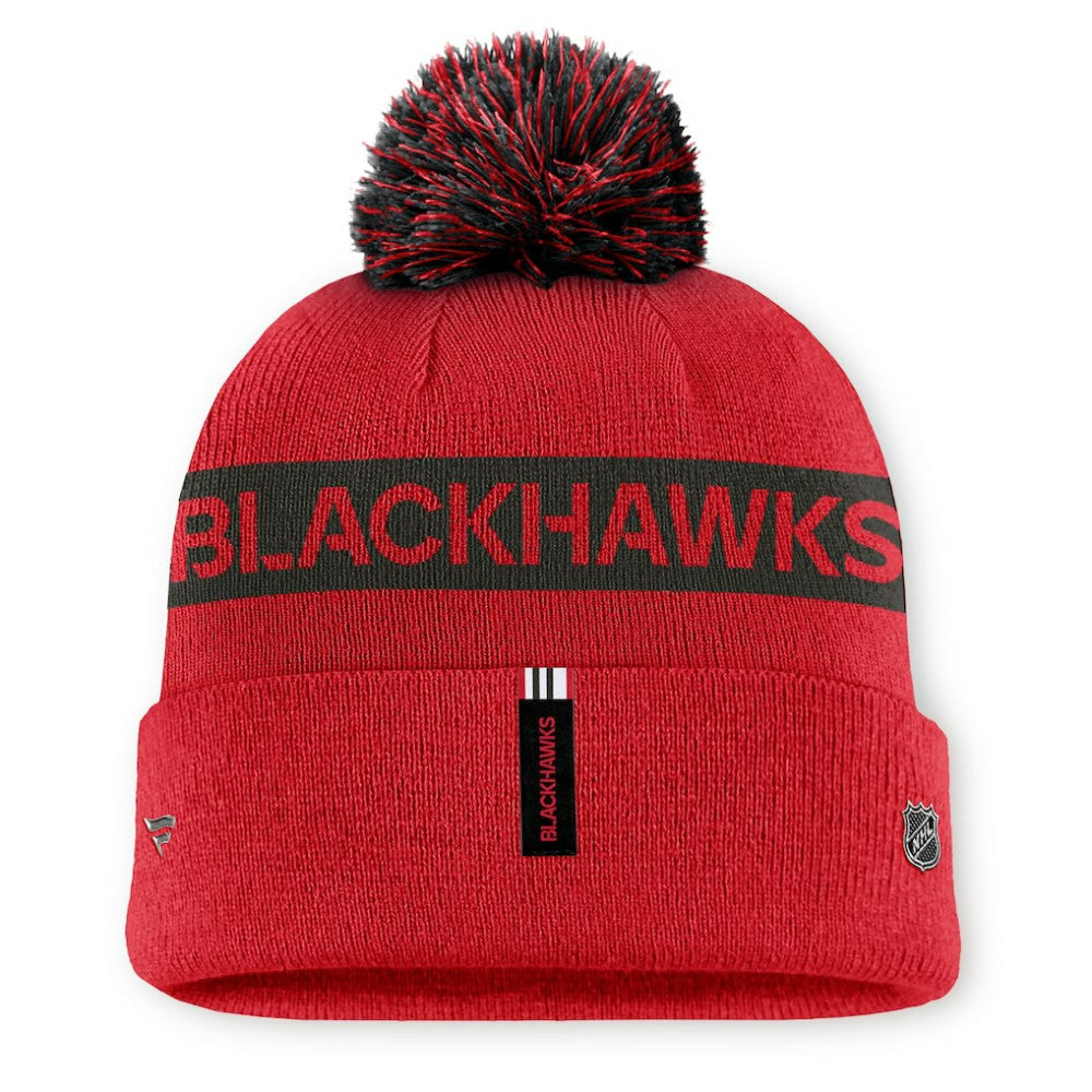 Chicago Blackhawks Fanatics Women's Authentic Pro Rink Cuffed Knit Hat with Pom - Red/Black | Fanatics Lifestyle
