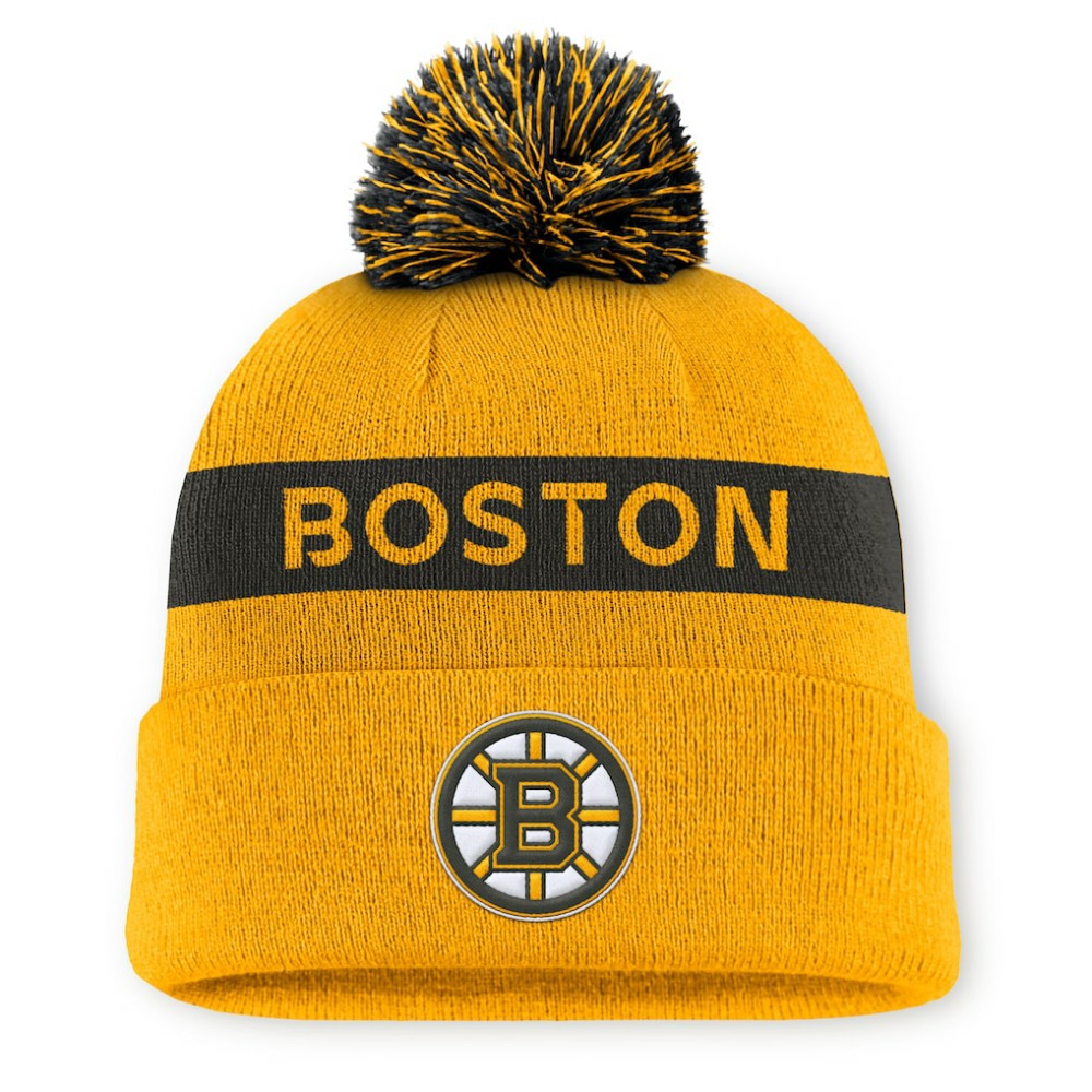 Boston Bruins Fanatics Women's Authentic Pro Rink Cuffed Knit Hat with Pom - Gold/Black | Fanatics online
