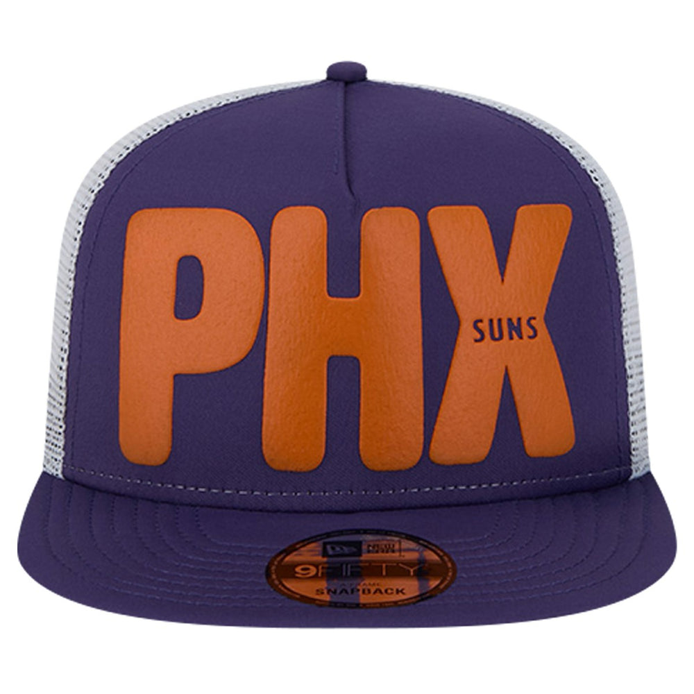 New Era Phoenix Suns Puff Print Team Code A-Frame 9FIFTY Trucker Snapback Hat Purple