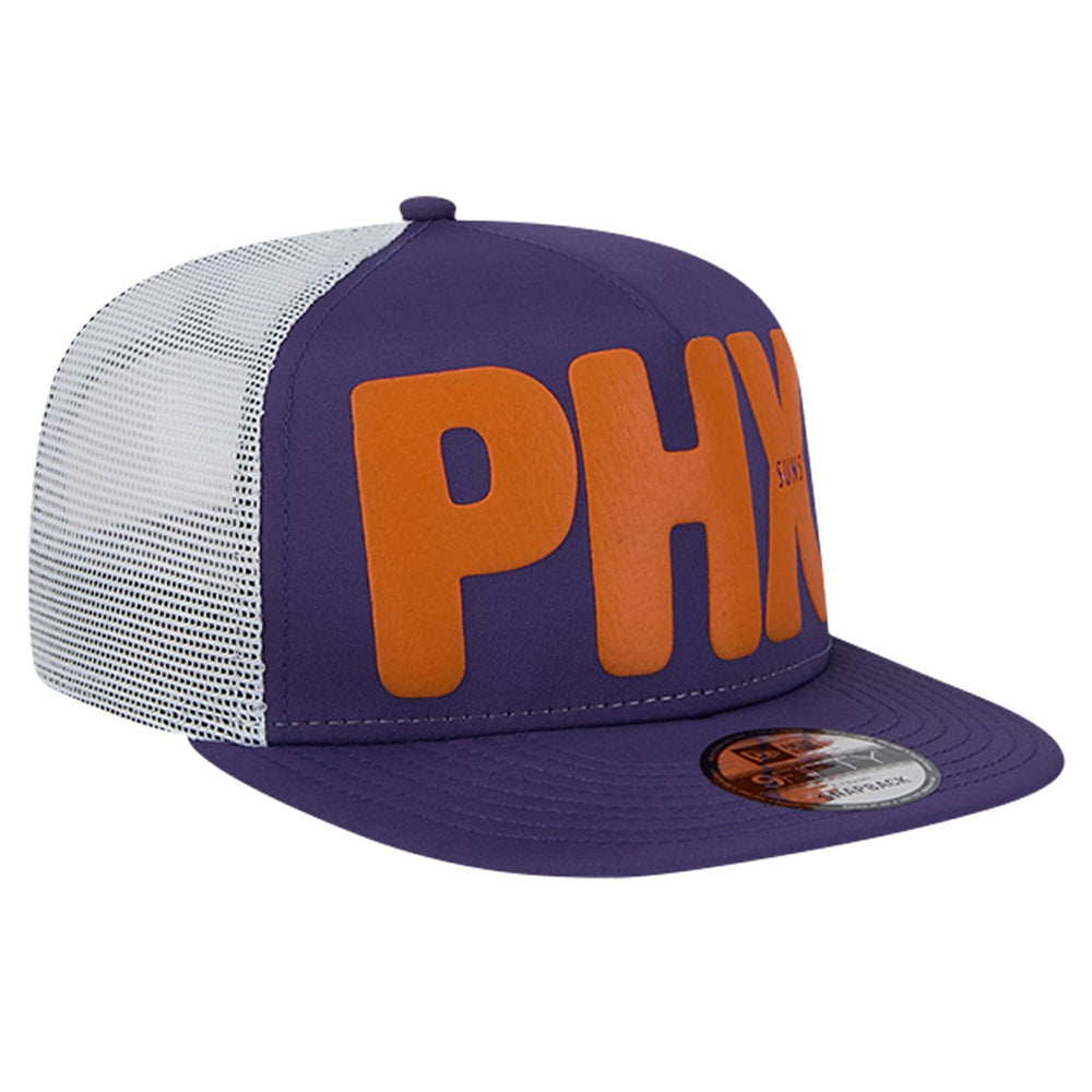 New Era Phoenix Suns Puff Print Team Code A-Frame 9FIFTY Trucker Snapback Hat Purple