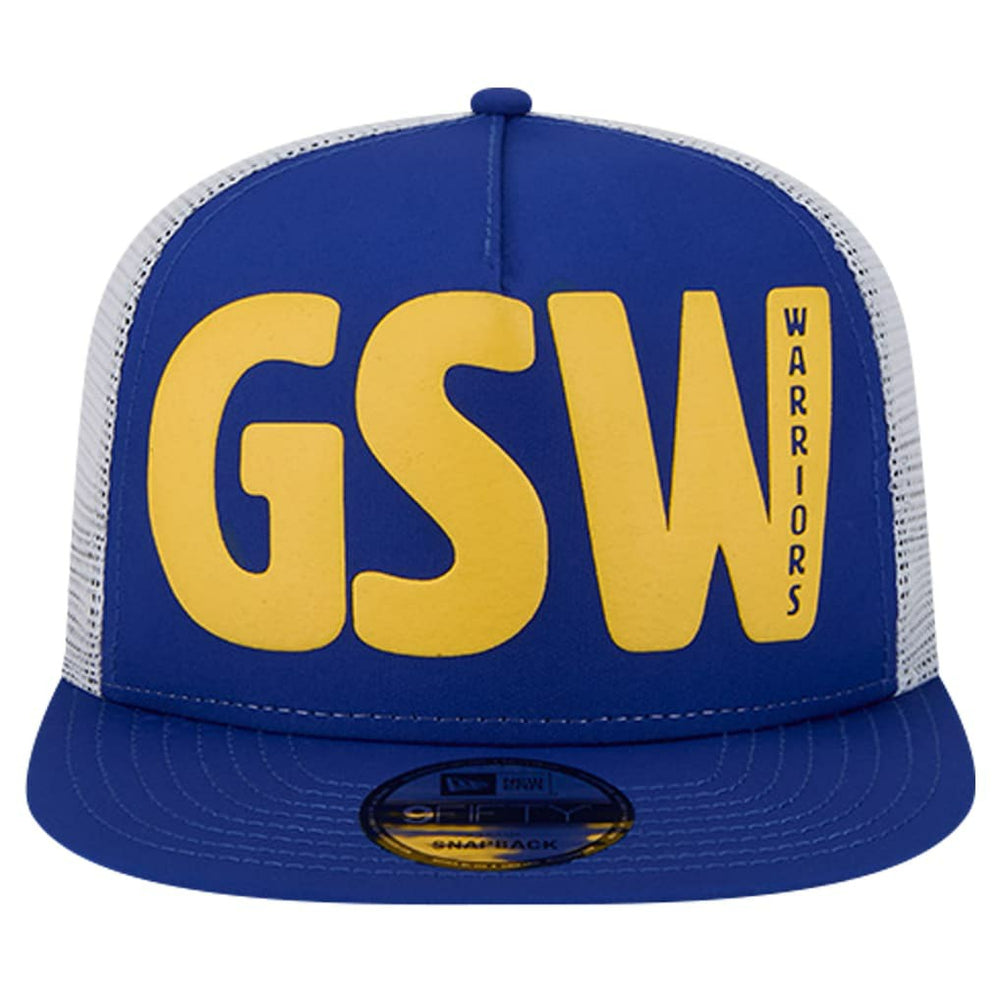 New Era Golden State Warriors Puff Print Team Code A-Frame 9FIFTY Trucker Snapback Hat Royal