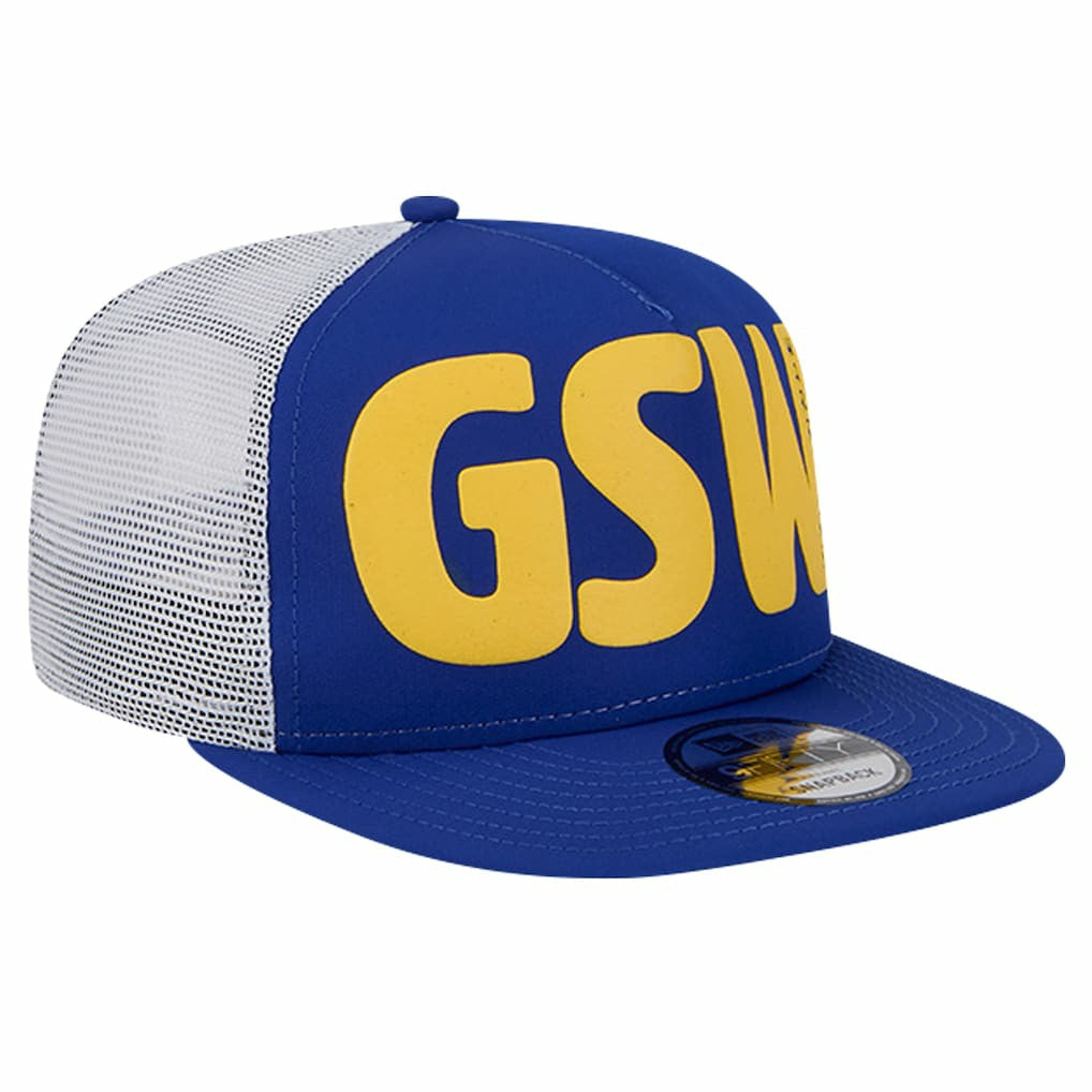 New Era Golden State Warriors Puff Print Team Code A-Frame 9FIFTY Trucker Snapback Hat Royal