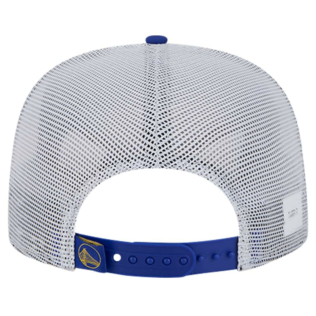 New Era Golden State Warriors Puff Print Team Code A-Frame 9FIFTY Trucker Snapback Hat Royal